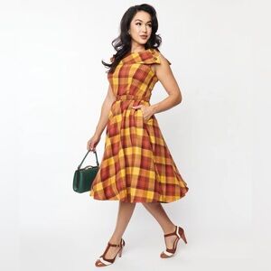 Voodoo Vixen Mustard Plaid Jill Fit & Flare Dress